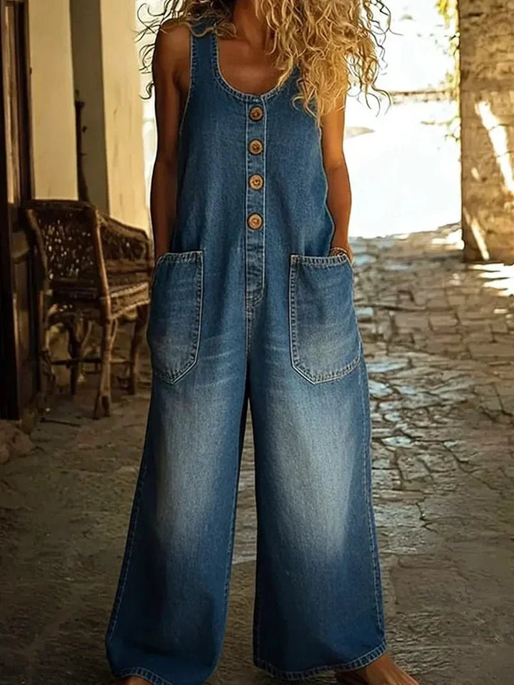 Dames Boho Mouwloze Spijker Overall Jumpsuit - Blue