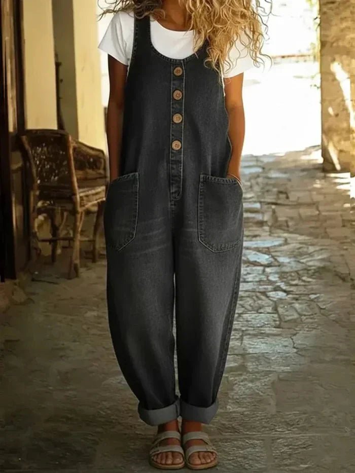 Dames Boho Mouwloze Spijker Overall Jumpsuit - Black