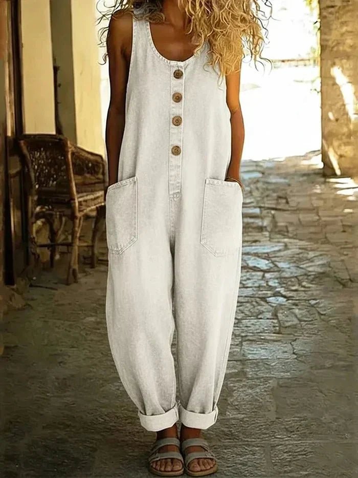 Dames Boho Mouwloze Spijker Overall Jumpsuit - White