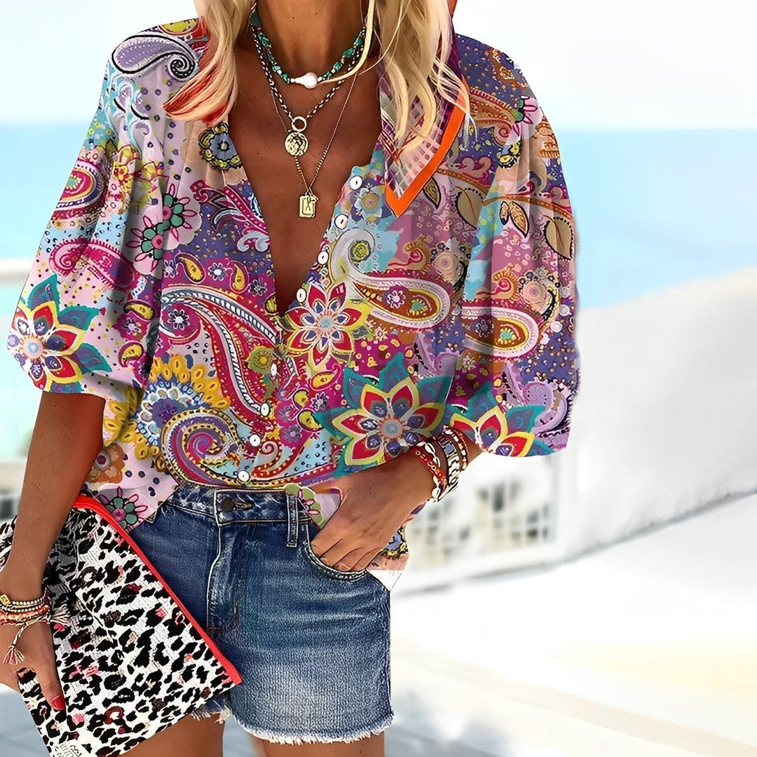 Dames Boho Paisley Button-Up Blouse met V-Hals - Multicolor