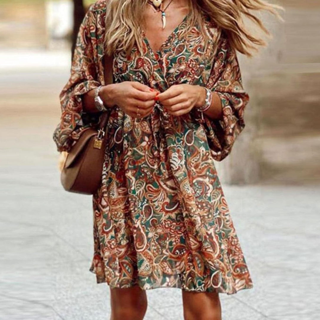 Dames Boho Paisley V-hals Avondjurk Wijd Uitlopend - Bruin