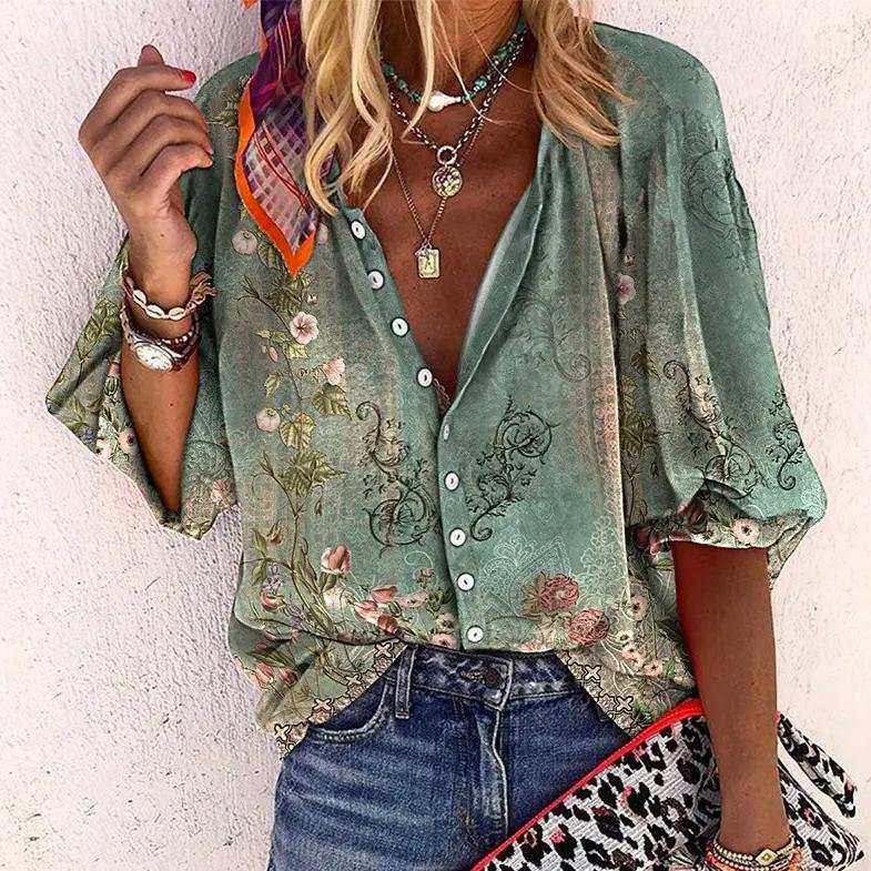 Dames Boho V-Hals Blouse Lange Mouwen Bloemenprint - Green