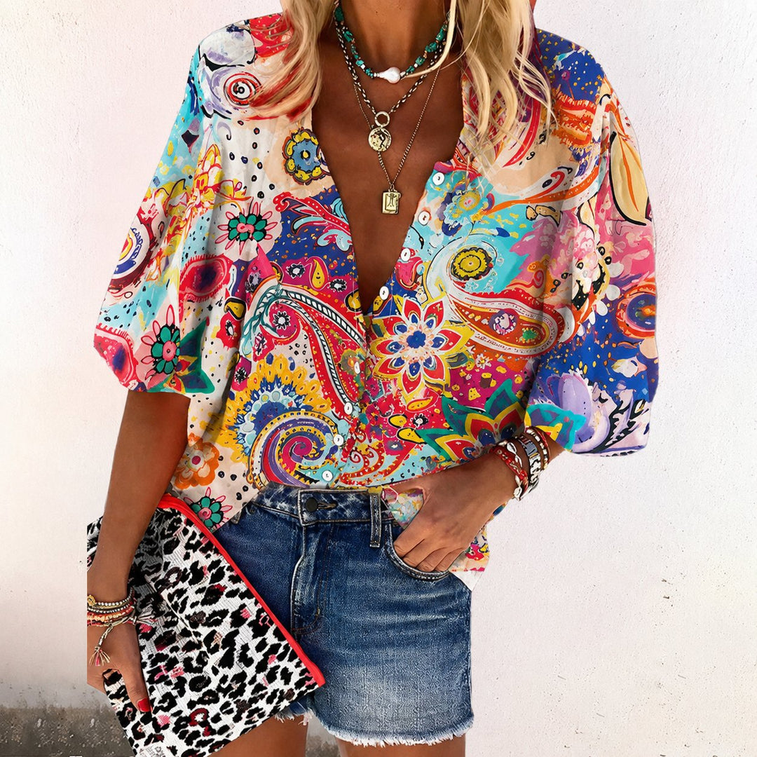 Dames Boho V-Hals Blouse Lange Mouwen Bloemenprint - Pink