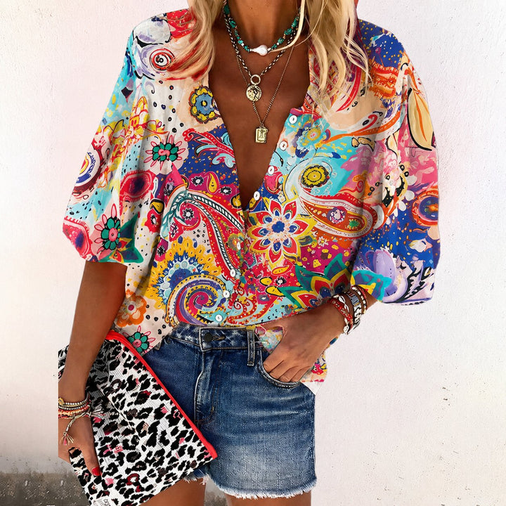 Dames Boho V-Hals Blouse Lange Mouwen Bloemenprint - Pink