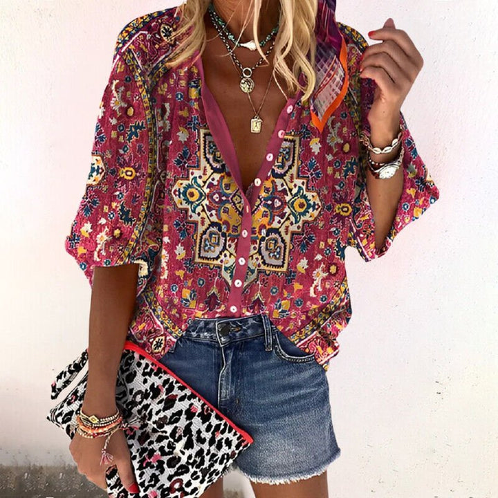 Dames Boho V-Hals Blouse Lange Mouwen Bloemenprint - Red