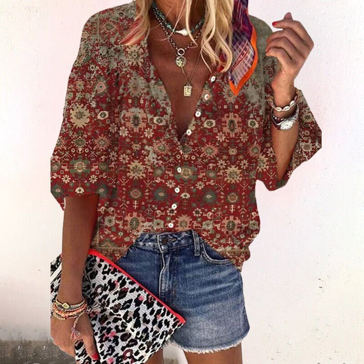 Dames Boho V-Hals Blouse Lange Mouwen Bloemenprint - Brown