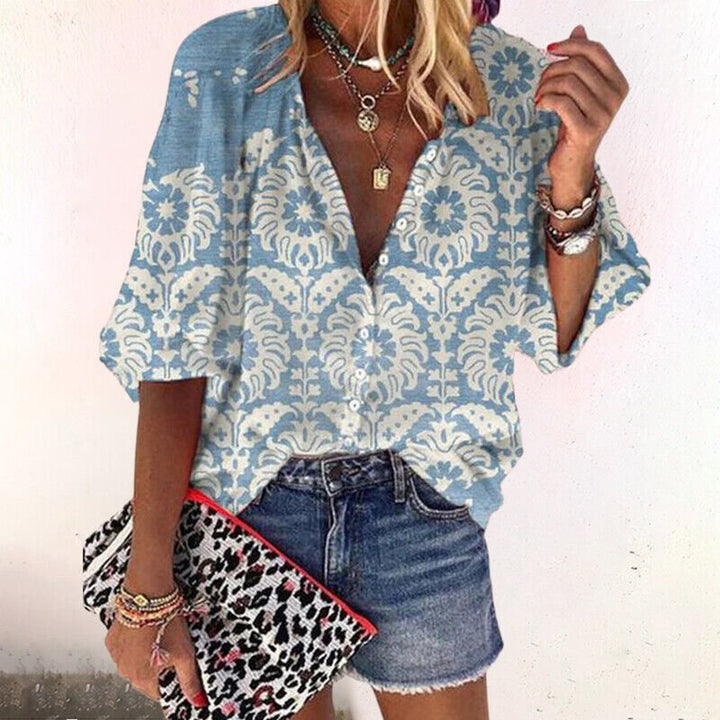 Dames Boho V-Hals Blouse Lange Mouwen Bloemenprint - Blue