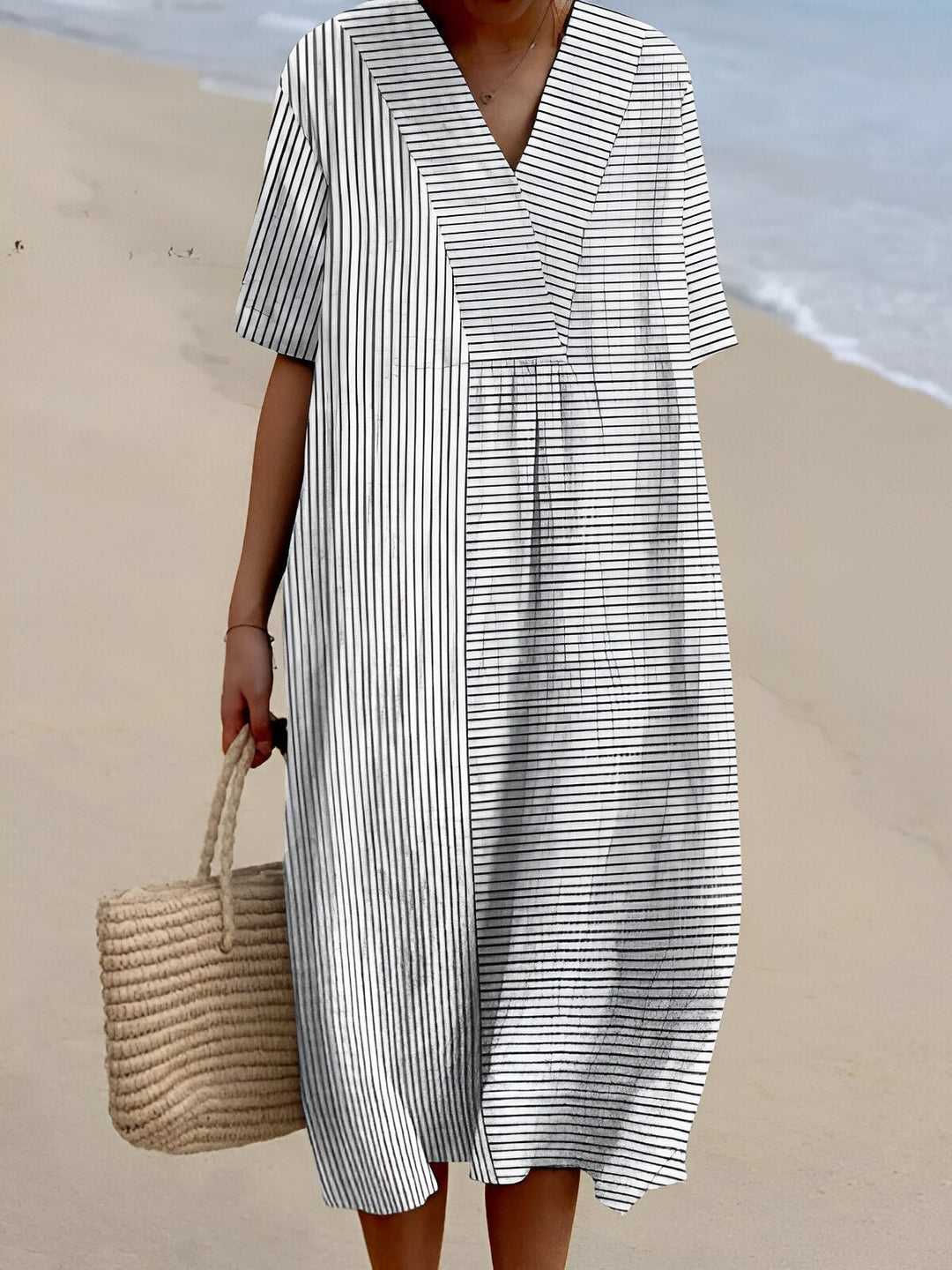 Dames Boho V-Hals Gestreepte Midi Zomerjurk - Stripe White