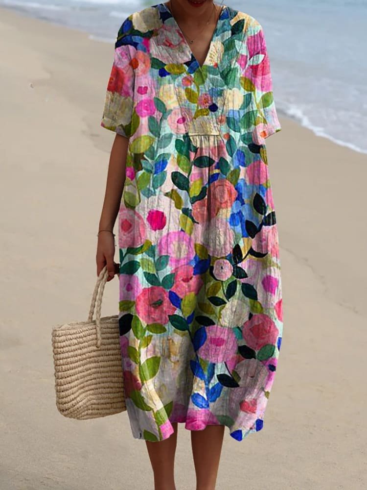 Dames Boho V-Hals Gestreepte Midi Zomerjurk - Colorful