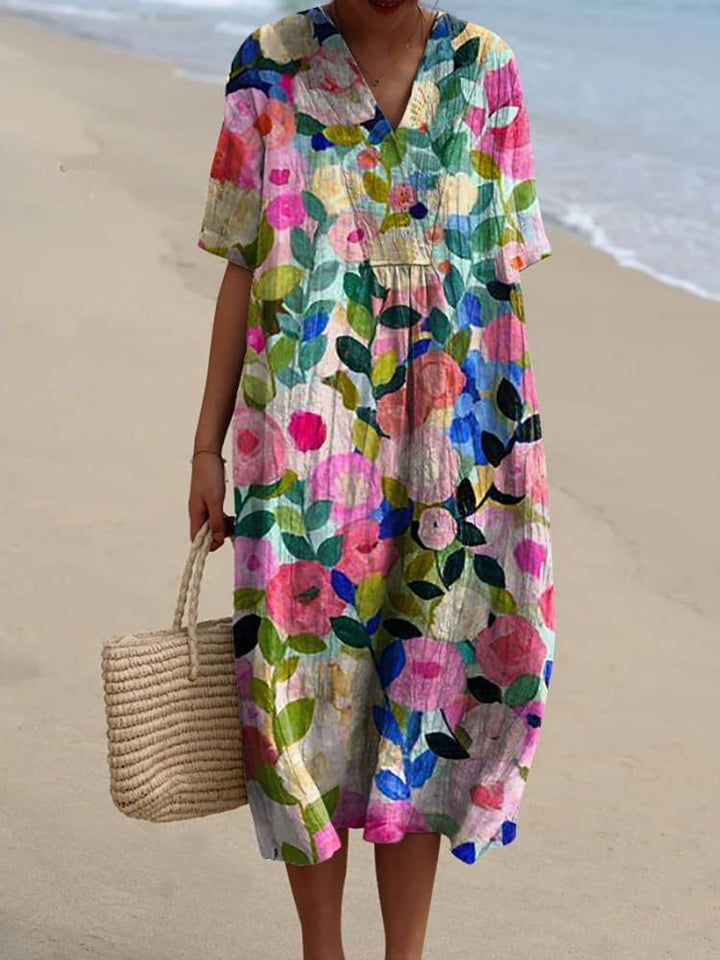 Dames Boho V-Hals Gestreepte Midi Zomerjurk - Colorful