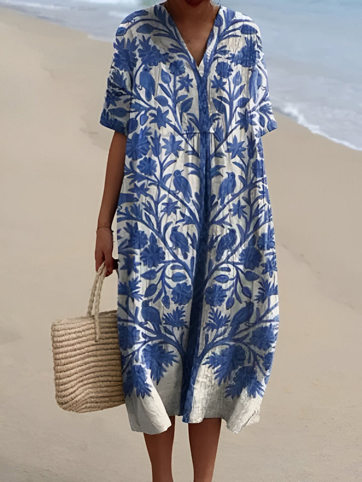 Dames Boho V-Hals Gestreepte Midi Zomerjurk - Blue