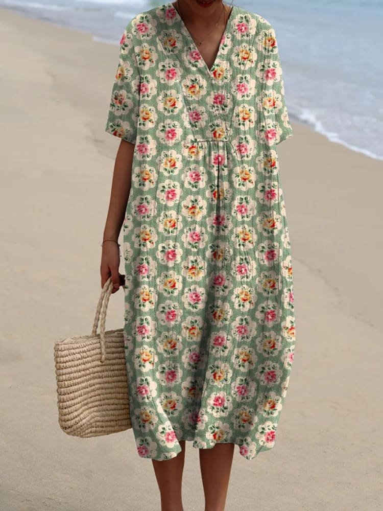 Dames Boho V-Hals Gestreepte Midi Zomerjurk - Floral Green