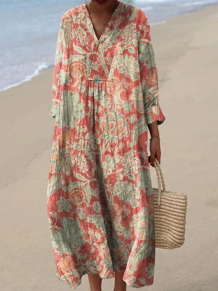 Dames Boho V-Hals Gestreepte Midi Zomerjurk - Floral Orange