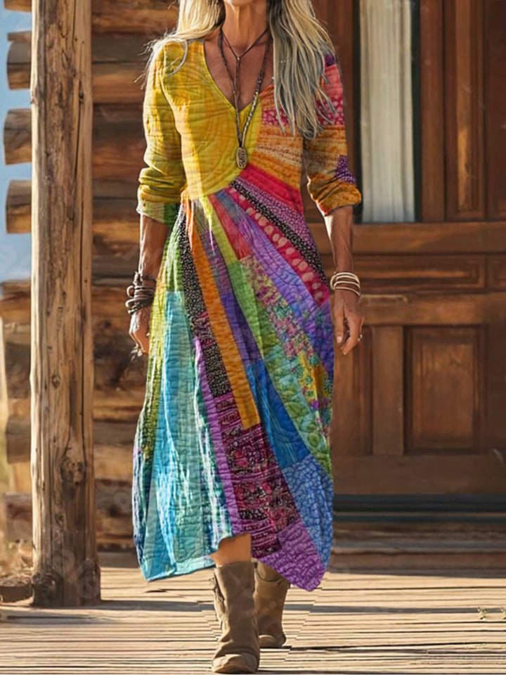 Dames Boho Veelkleurige Patchwork Midi Dress met V-hals
