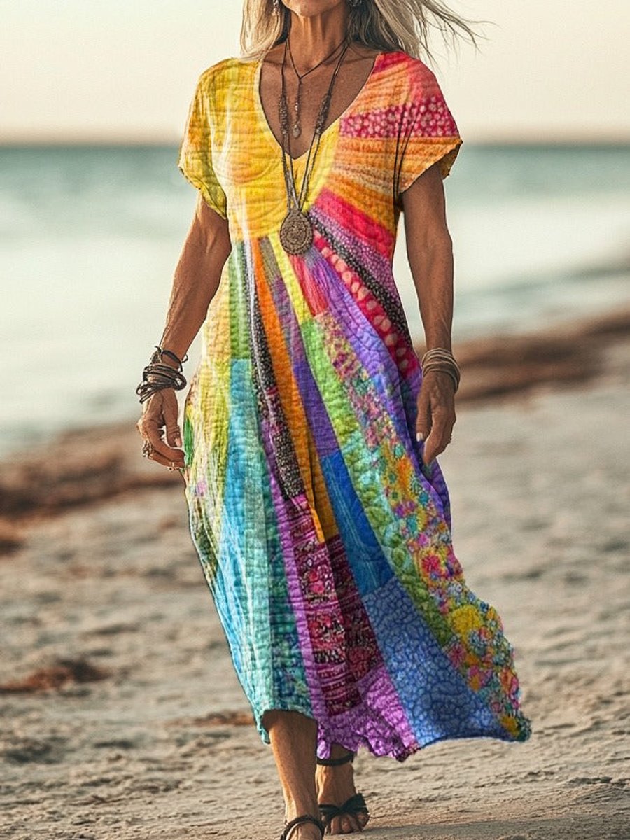 Dames Boho Veelkleurige Patchwork Midi Dress met V-hals
