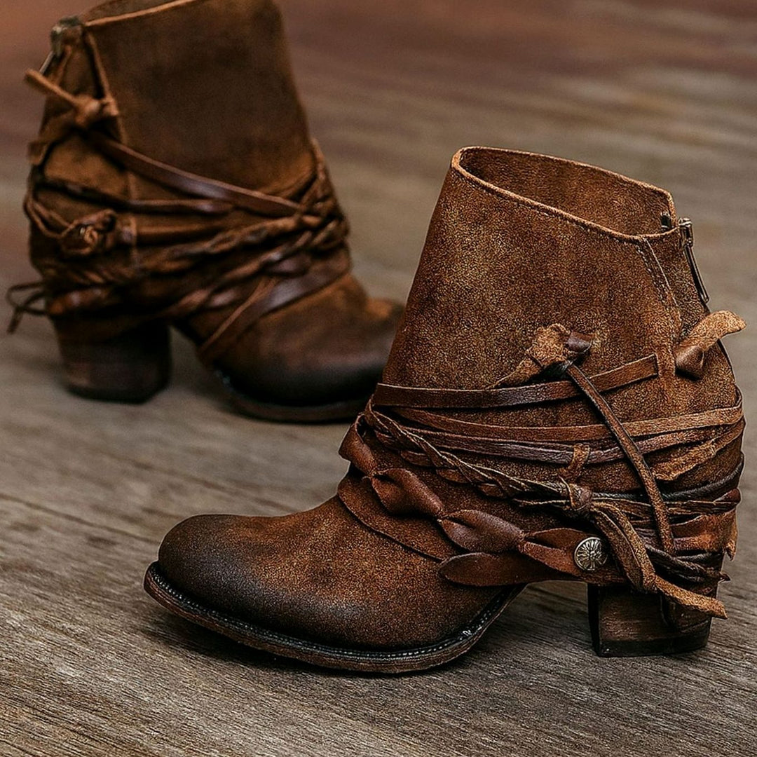 Dames Boho Western Enkellaarsjes Verweerd Leer Blokzool - Bruin