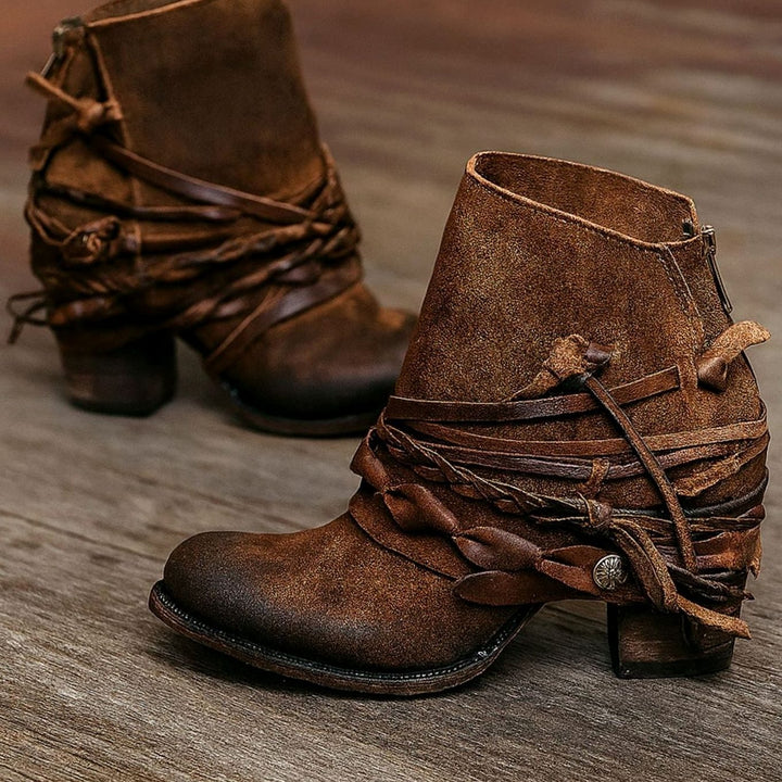 Dames Boho Western Enkellaarsjes Verweerd Leer Blokzool - Bruin