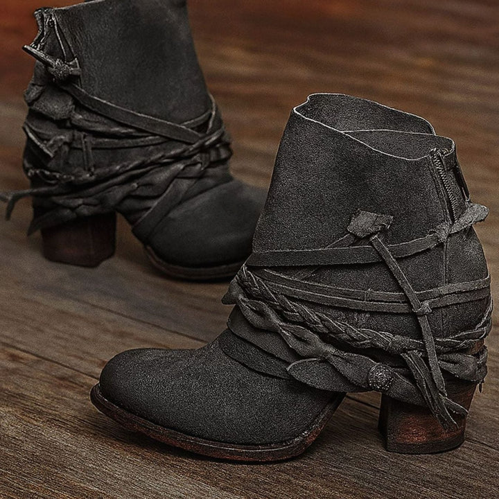 Dames Boho Western Enkellaarsjes Verweerd Leer Blokzool - Grijs