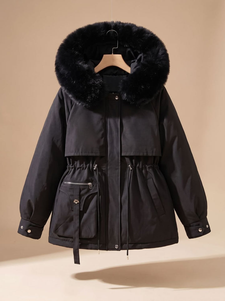 Dames Bontjas Gewatteerde Parka met Imitatiebont Capuchon en Taillekoordje - Zwart