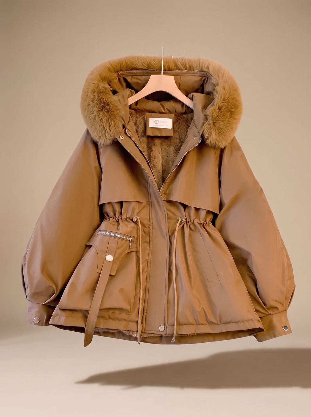 Dames Bontjas Gewatteerde Parka met Imitatiebont Capuchon en Taillekoordje - Bruin