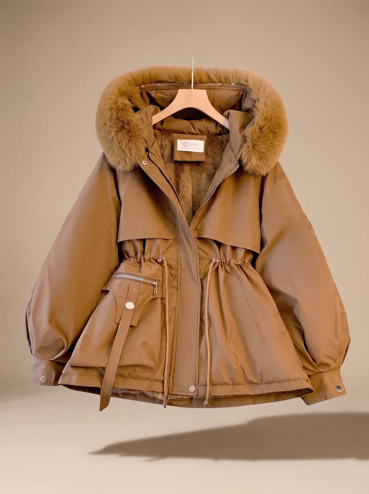 Dames Bontjas Gewatteerde Parka met Imitatiebont Capuchon en Taillekoordje - Bruin