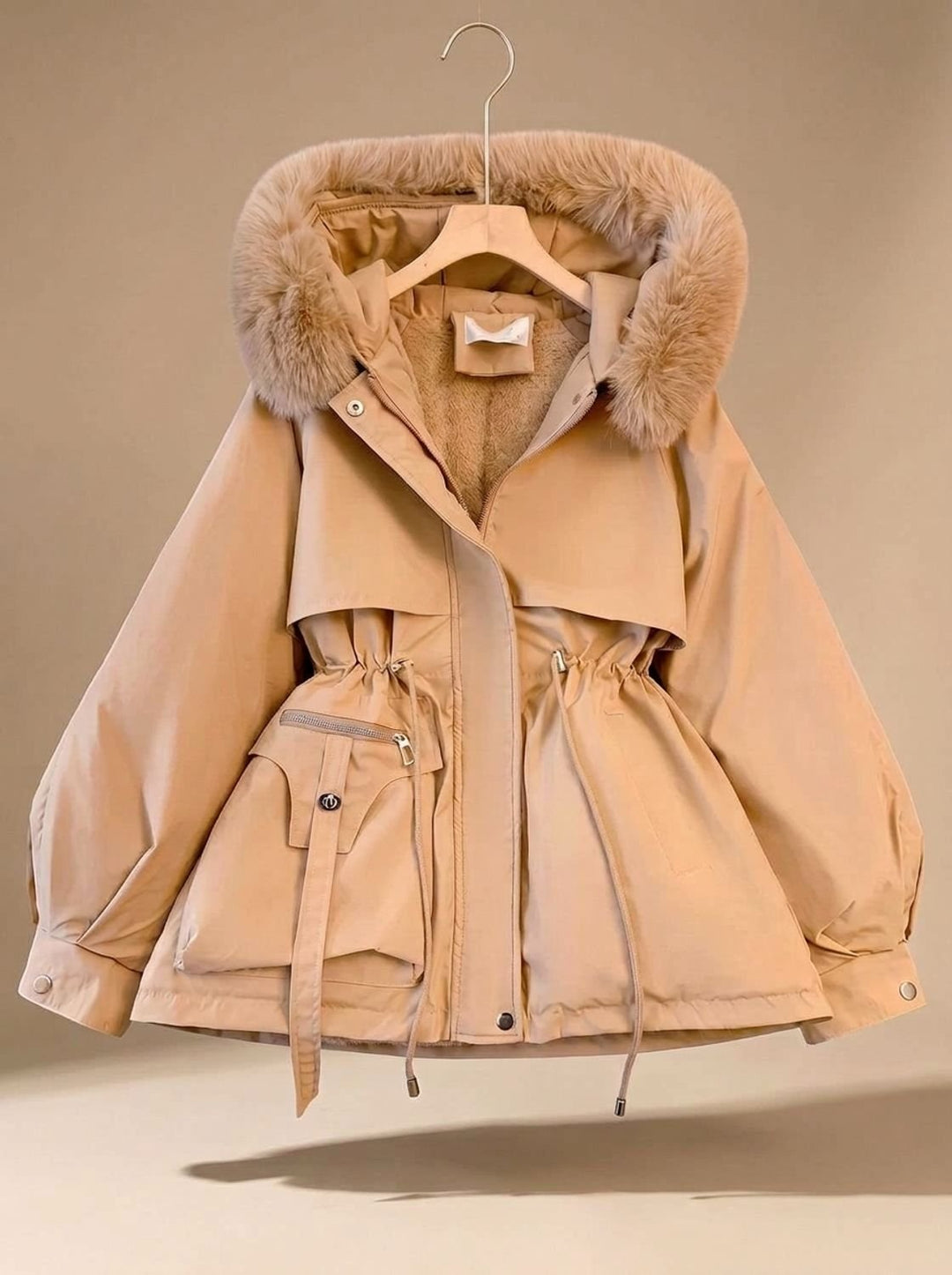Dames Bontjas Gewatteerde Parka met Imitatiebont Capuchon en Taillekoordje - Khaki