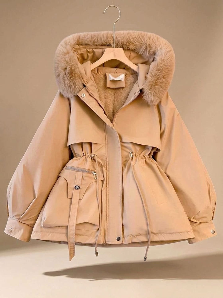 Dames Bontjas Gewatteerde Parka met Imitatiebont Capuchon en Taillekoordje - Khaki