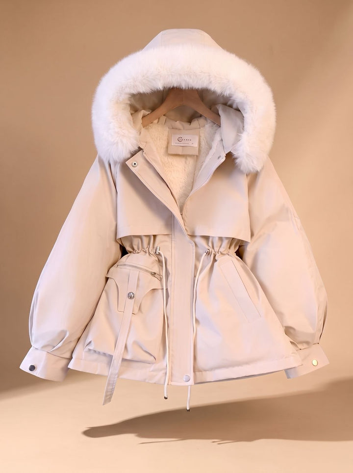 Dames Bontjas Gewatteerde Parka met Imitatiebont Capuchon en Taillekoordje - Wit