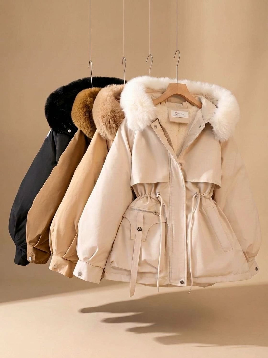 Dames Bontjas Gewatteerde Parka met Imitatiebont Capuchon en Taillekoordje