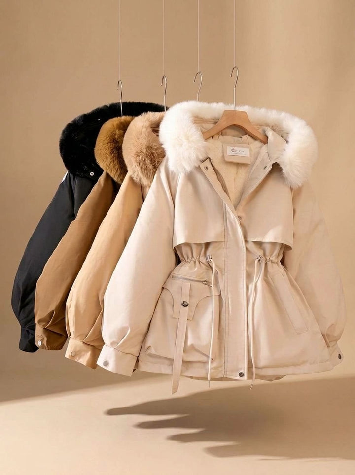 Dames Bontjas Gewatteerde Parka met Imitatiebont Capuchon en Taillekoordje