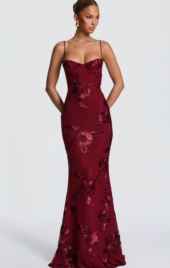 Dames Bordeaux Maxi Feestjurk Floraal Corset Open Rug - Bordeaux
