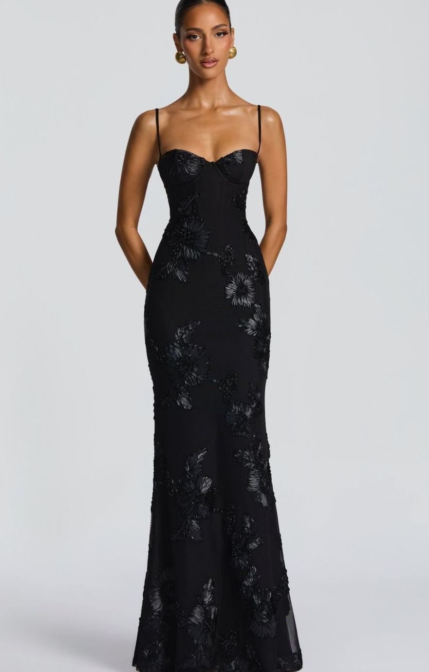 Dames Bordeaux Maxi Feestjurk Floraal Corset Open Rug - Zwart