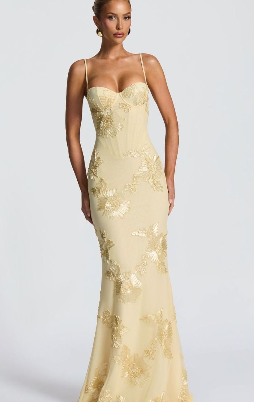 Dames Bordeaux Maxi Feestjurk Floraal Corset Open Rug - Geel