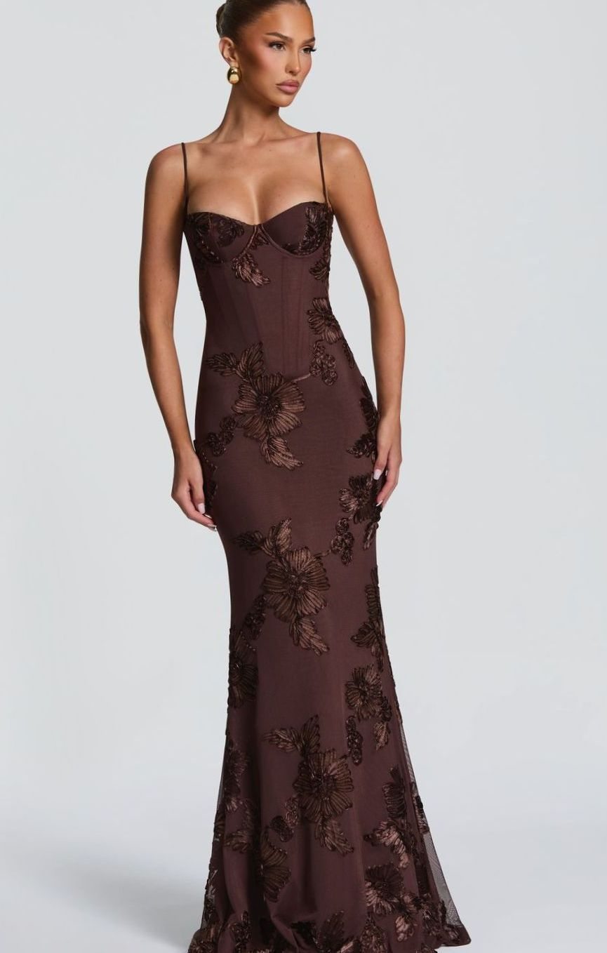 Dames Bordeaux Maxi Feestjurk Floraal Corset Open Rug - Bruin