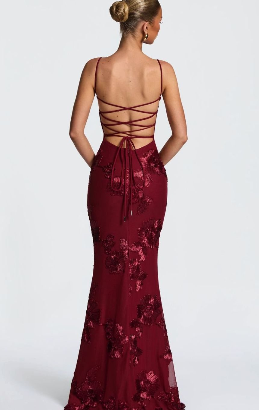 Dames Bordeaux Maxi Feestjurk Floraal Corset Open Rug