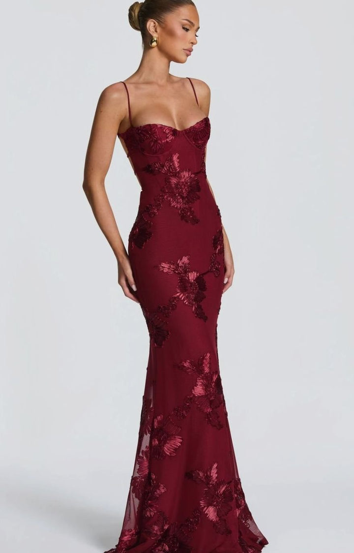 Dames Bordeaux Maxi Feestjurk Floraal Corset Open Rug