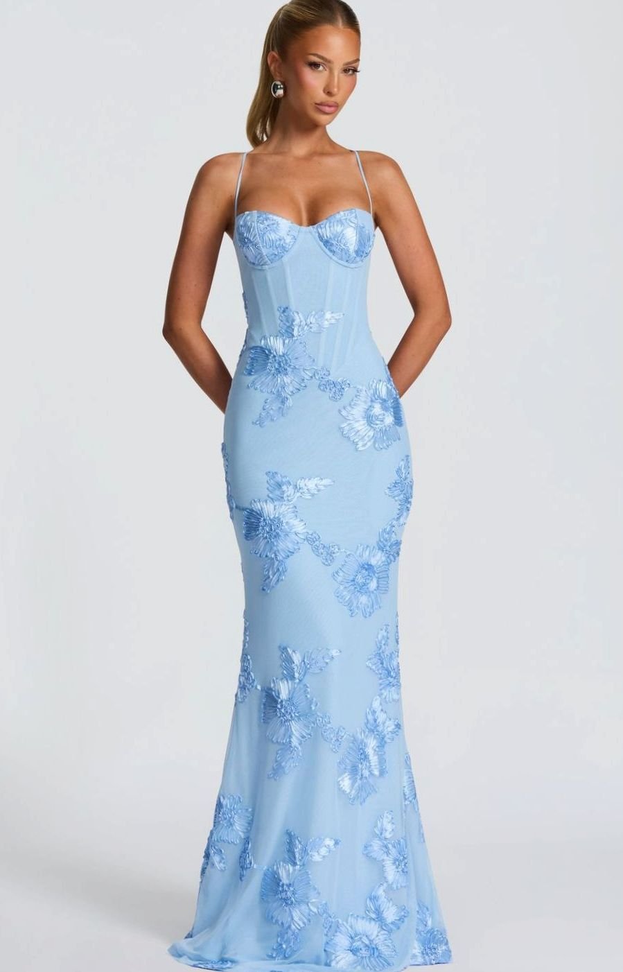 Dames Bordeaux Maxi Feestjurk Floraal Corset Open Rug - Blauw