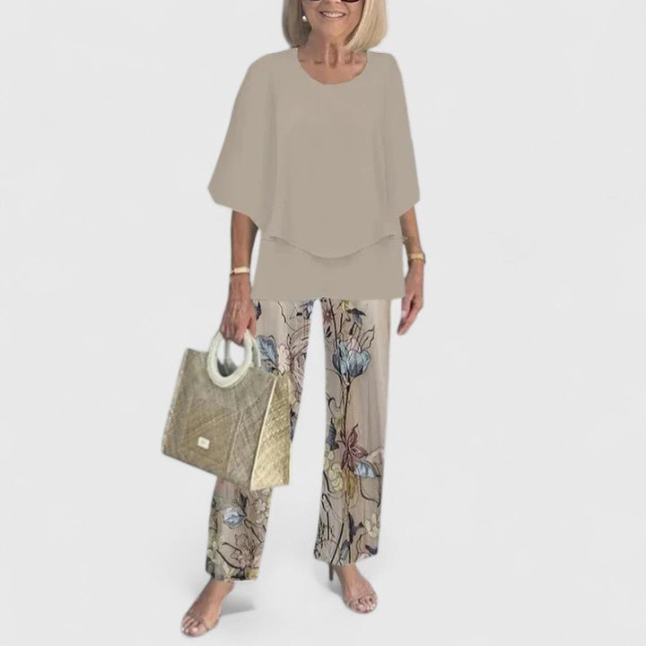 Dames Botanische Print Vleermuis Top Wide-Leg Broek Set - Light Gray