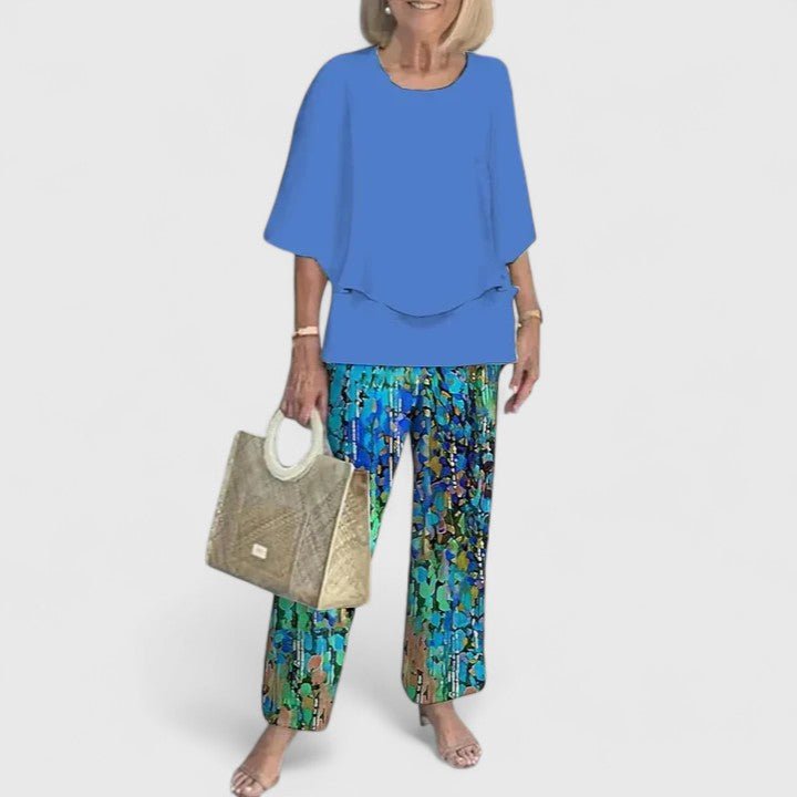 Dames Botanische Print Vleermuis Top Wide-Leg Broek Set - Royal Blue