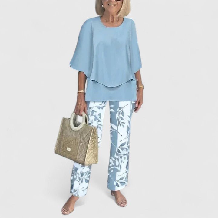 Dames Botanische Print Vleermuis Top Wide-Leg Broek Set - Sky Blue