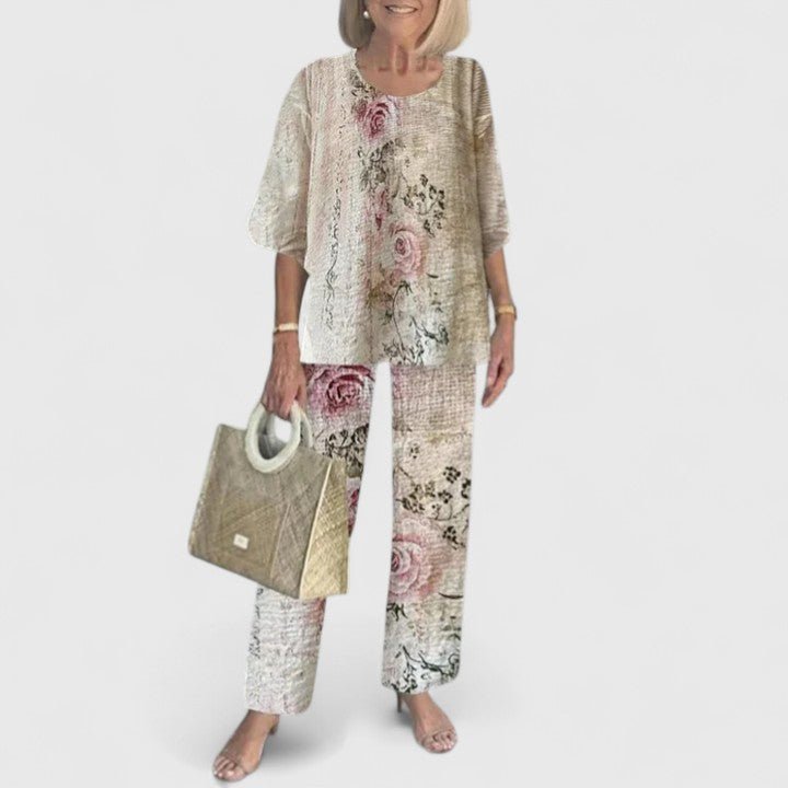 Dames Botanische Print Vleermuis Top Wide-Leg Broek Set - Light Brown