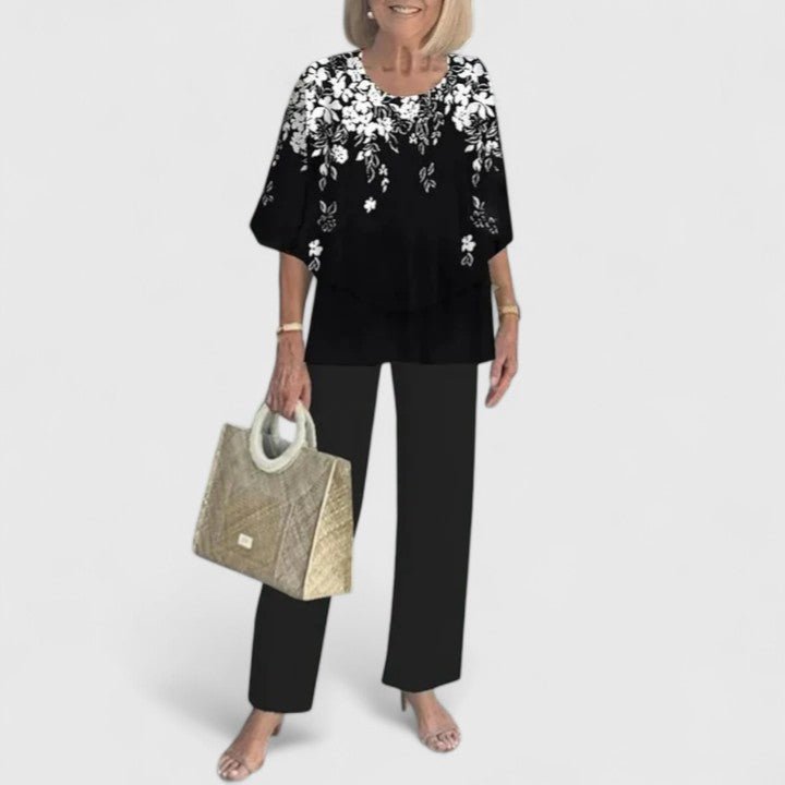 Dames Botanische Print Vleermuis Top Wide-Leg Broek Set - Black