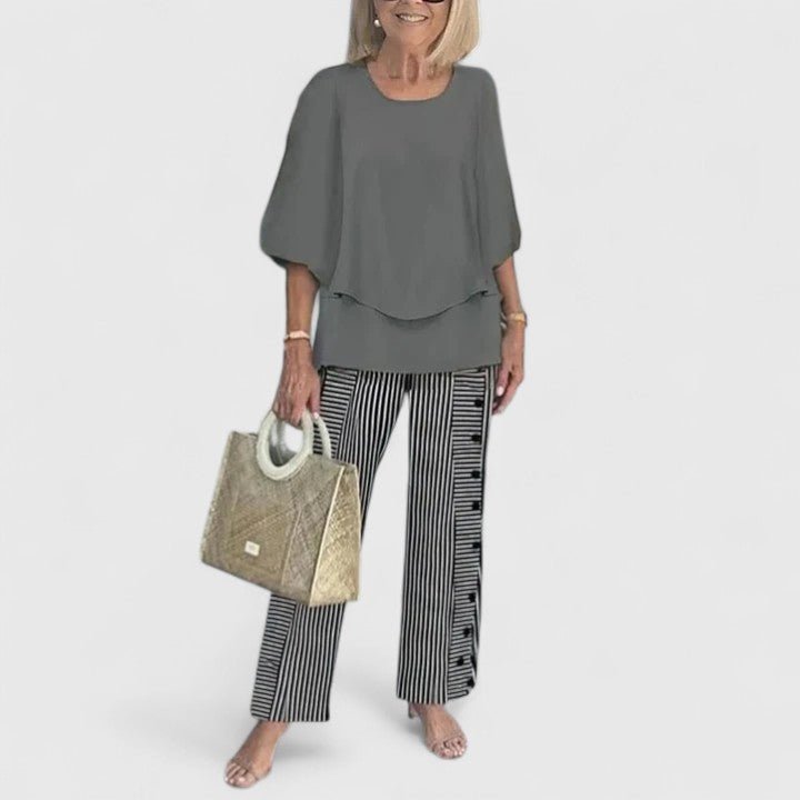 Dames Botanische Print Vleermuis Top Wide-Leg Broek Set - Dark Gray