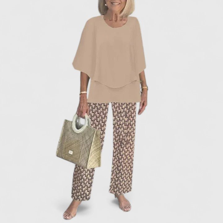 Dames Botanische Print Vleermuis Top Wide-Leg Broek Set - Brown