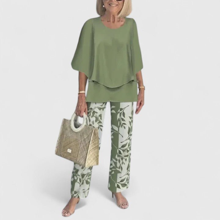 Dames Botanische Print Vleermuis Top Wide-Leg Broek Set - Light Green