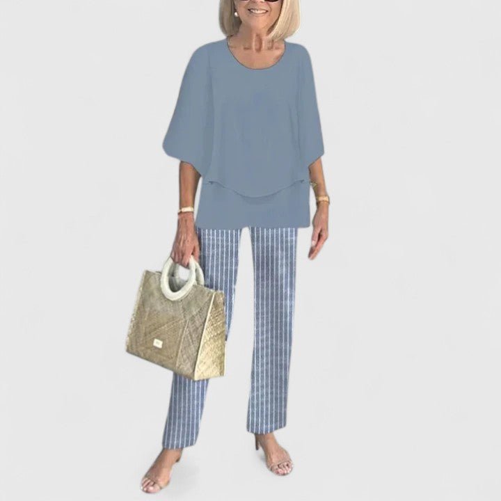 Dames Botanische Print Vleermuis Top Wide-Leg Broek Set - Blue