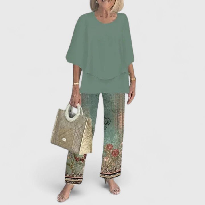 Dames Botanische Print Vleermuis Top Wide-Leg Broek Set - Green