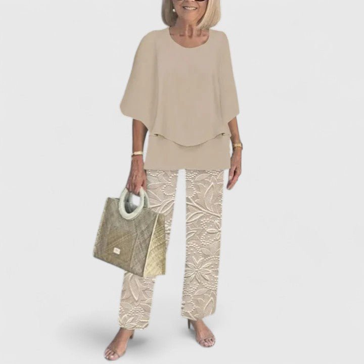 Dames Botanische Print Vleermuis Top Wide-Leg Broek Set - Beige