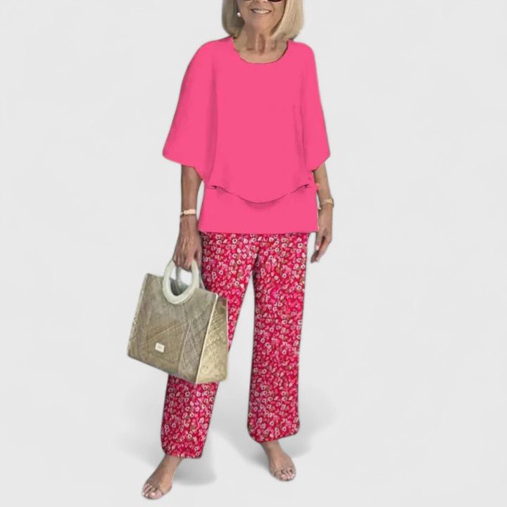 Dames Botanische Print Vleermuis Top Wide-Leg Broek Set - Pink
