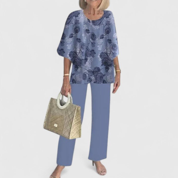 Dames Botanische Print Vleermuis Top Wide-Leg Broek Set - Purple